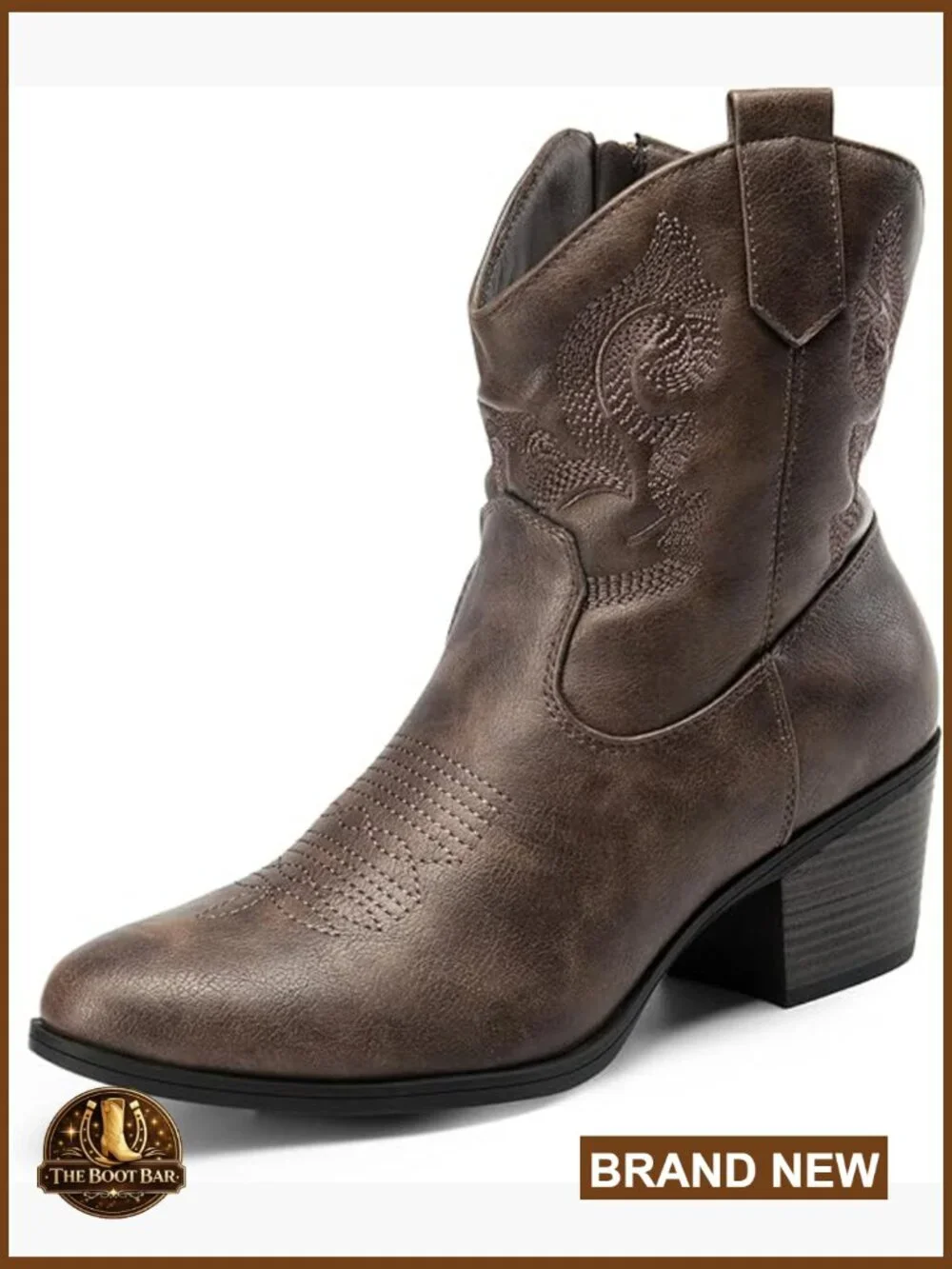 Women's Western Ankle Boots Faux Leather Embroidered Chunky Heel Zipper